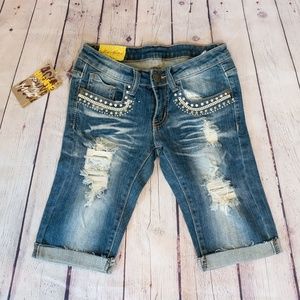 Machine Rhinestone Distressed Bermuda Denim Shorts
